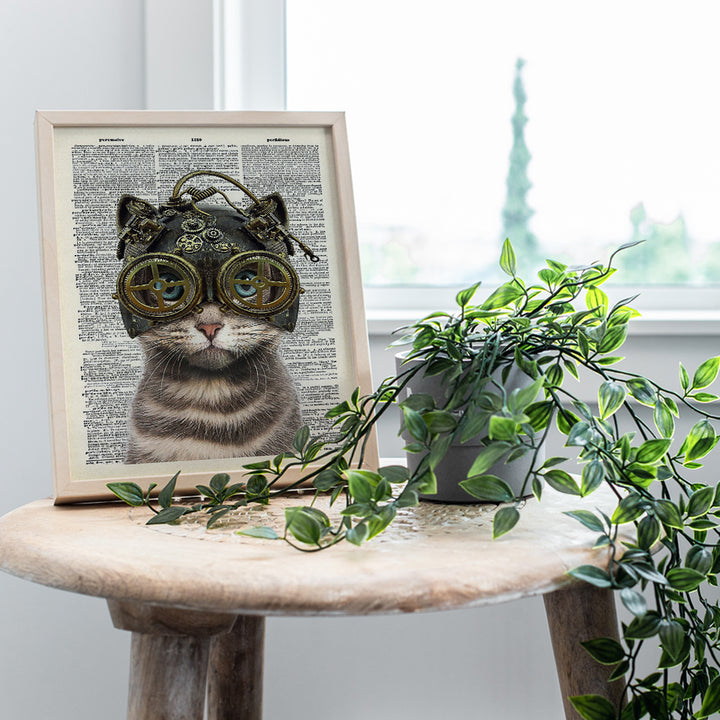 Steampunk Cat in Goggles, Gears - Gothic Wall Art Home Decor - Cat Wall Art - Gift for Kitty Kitten Pussycat Victorian Renaissance Fan - Home Decoration Poster Picture - Bedroom, Bathroom, Living Room