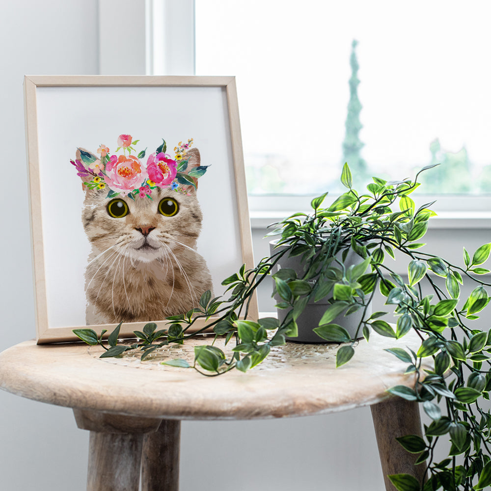 Tabby Cat Wall Decor - Cute Floral Wall Art, Room Decoration for Girls Bedroom, Kids Room, Living Room, Nursery - Gift for Kitty, Pussycat, Kitten, Cat Lovers, Women - Adorable Pink Girly Print