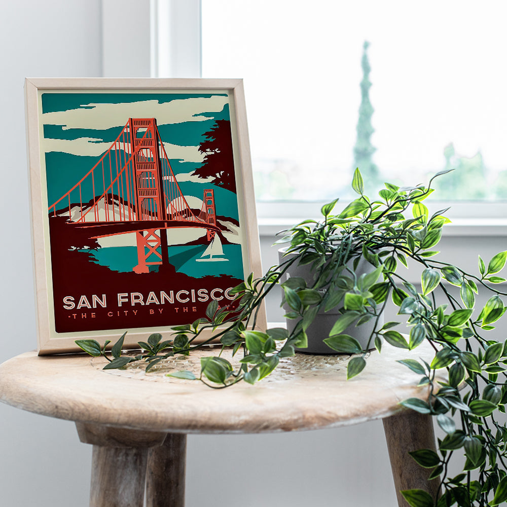 San Francisco Golden Gate Bridge Vintage Art Print Wall Poster -Chic Home Decor for Living Room, Bedroom, Family Room, Office - Gift for California CA Travel Fans- 8x10 Photo Unframed