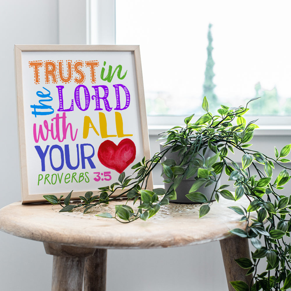 Religious Decor - Bible Verse Scripture Wall Art for Kids Bedroom, Boys, Girls Room, Bible Study, Church Sunday School - Inspirational Christian Gifts - Trust in the Lord With All Your Heart Proverbs