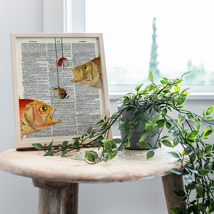 Fishing Upcycled Dictionary Wall Art Print - 8x10 Vintage Unframed Photo - Perfect Gift for Fishermen and Great Beach House and Lake House Home Decor - 2 Hungry Fish