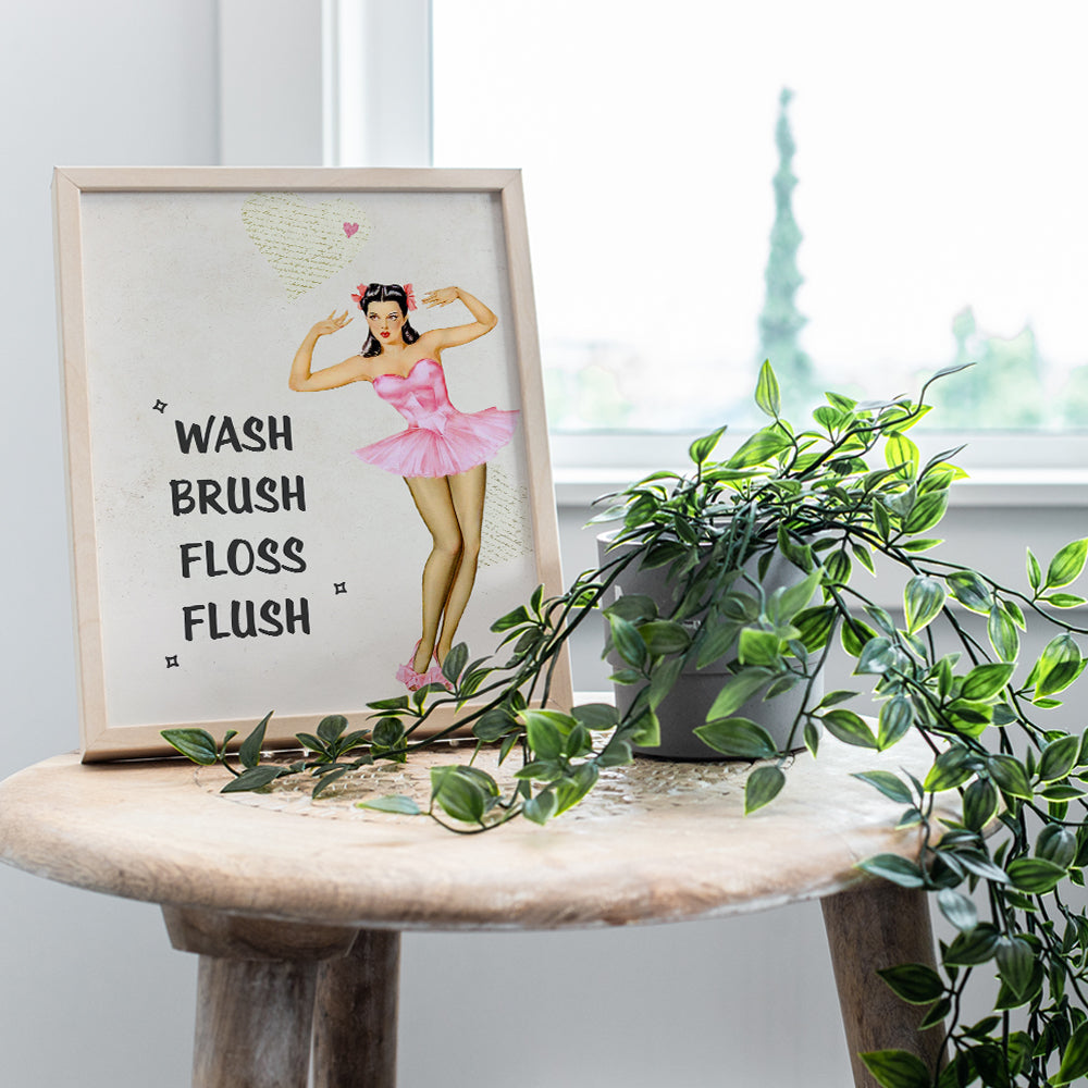 Wash Brush Floss Flush Sign - Vintage Bathroom Wall Art Decoration - Cute Unique Gift or Bathroom Decor for Women - Pink 1950s Pinup for Powder Room, Guest Bath, Restroom - UNFRAMED Retro Poster Print