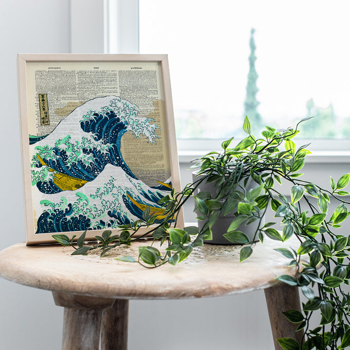 Wave off Kanagawa Japanese Wall Art Print on Dictionary Photo - Ready to Frame (8X10) Vintage Photo - Great Gift for Surfers - Cool Home Decor