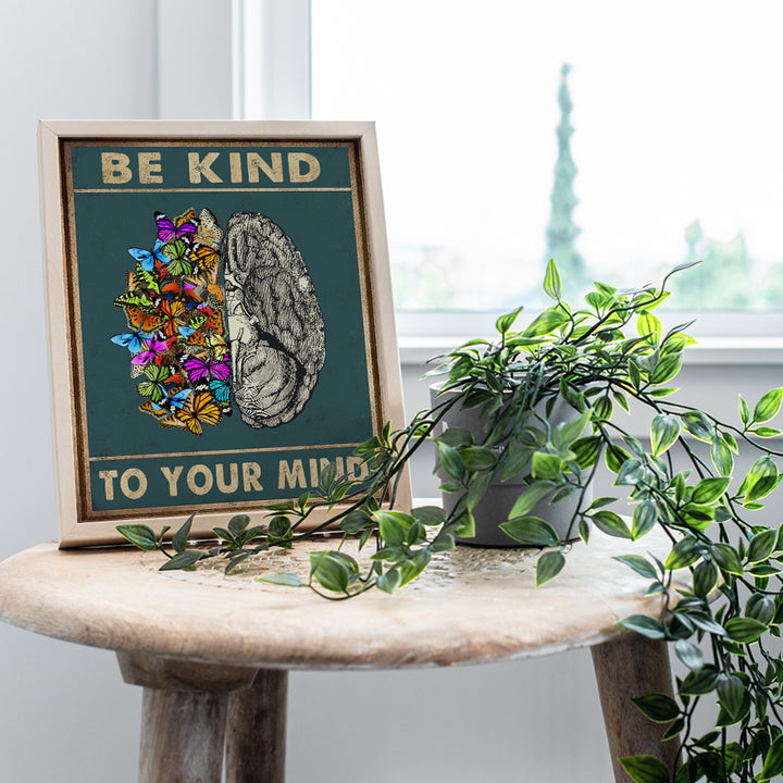 Yellowbird Art & Design Wall Art & Decor - Be Kind to Your Mind Mental health Wall Art- Vintage Butterflies Brain Wall Art Poster - Zen Meditation Wall Art - Office Family Living room Bedroom Wall Art