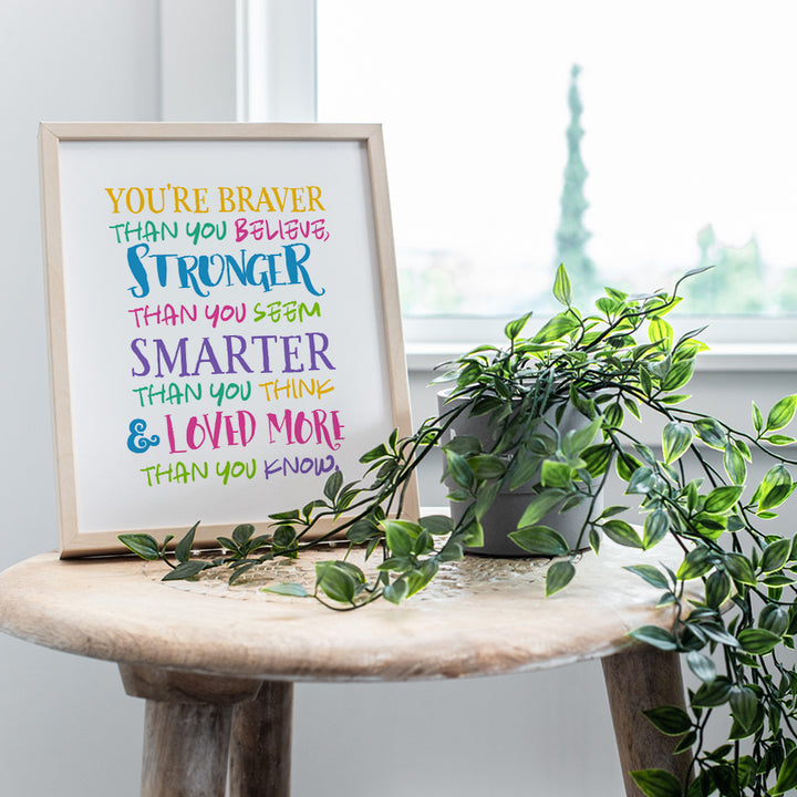 Inspirational Kids Room Decor - Always Remember You are Braver Than You Believe Quotes Wall Art - positive Affirmations Teacher Gifts for Women, Classroom Decorations - Motivational Wall Art for Women