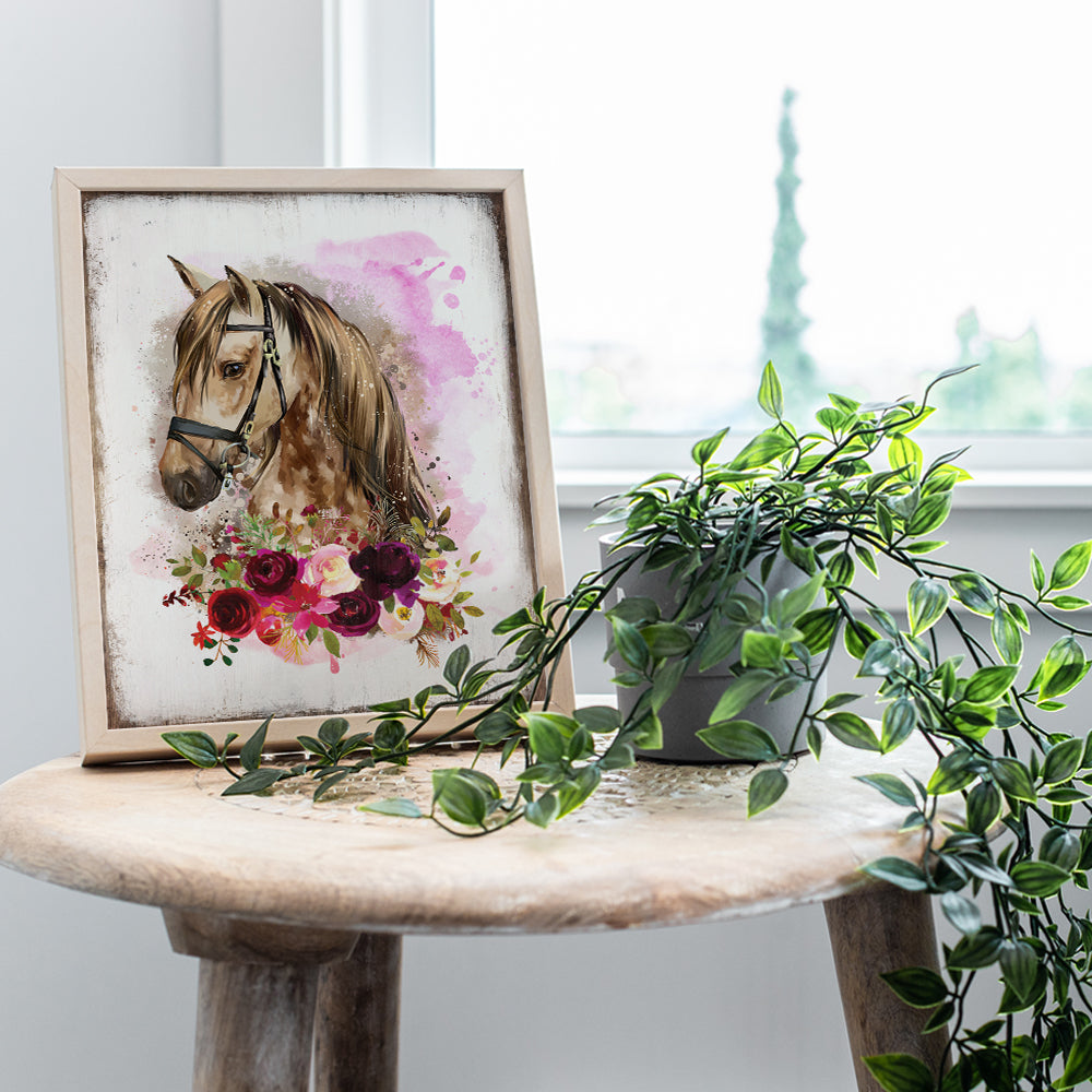 Boho Horse Wall Art & Decor - Rustic Farmhouse Barn Wall Decor for Girls Bedroom, Office, Living Room - Country Western Shabby Chic Decorations - Gift for Equestrian Women - Pink Pony Poster