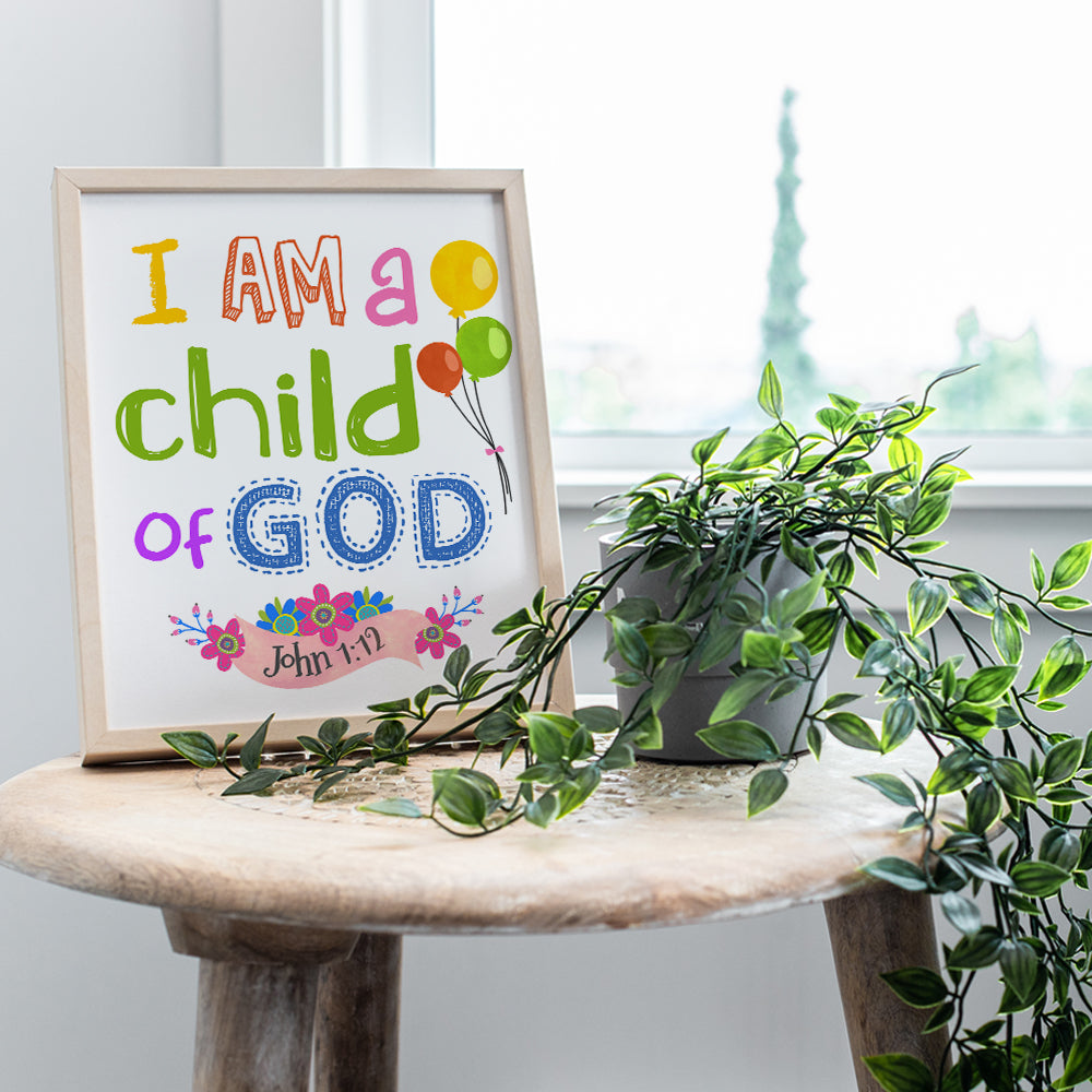 Child of God Scripture Decor - Christian Bible Verse Wall Art Poster for Nursery, Little Boys Room, Toddler Girls Bedroom - Religious Gifts for Kids - God Wall Decor - Positive Inspirational Quotes