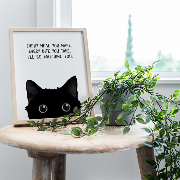 Black cat Wall Decor - funny Cat Stuff - Black Kitchen Decor - Cute Cat Wall Art - small Dining room Wall Decor - Cat Gifts for Cat Lovers - Cat Themed Decorations, Cat Poster - Cafe Wall Art 8x10