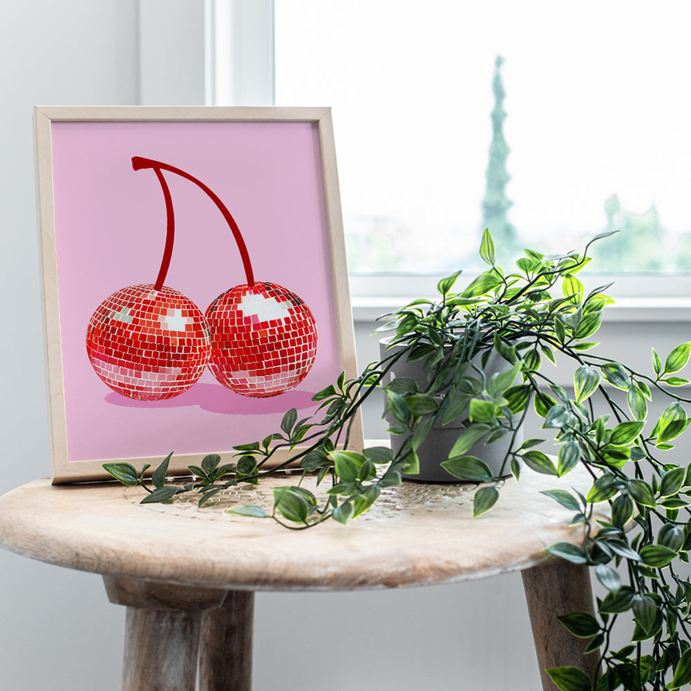 Disco Ball Cherry Decor - 70s 80s Wall Decor for Women Girls - Aesthetic Room Decor - Vintage Retro style Gallery Wall Art - Teen Room Decor - Preppy Trendy Funky Mid-century modern Living room Decor