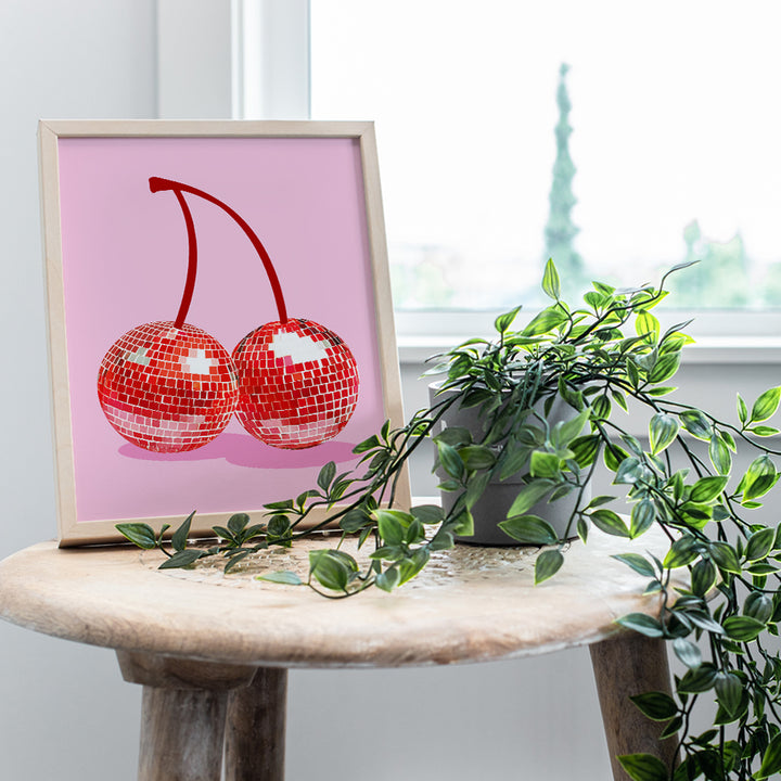 Disco Ball Cherry Decor - 70s 80s Wall Decor for Women Girls - Aesthetic Room Decor - Vintage Retro style Gallery Wall Art - Teen Room Decor - Preppy Trendy Funky Mid-century modern Living room Decor