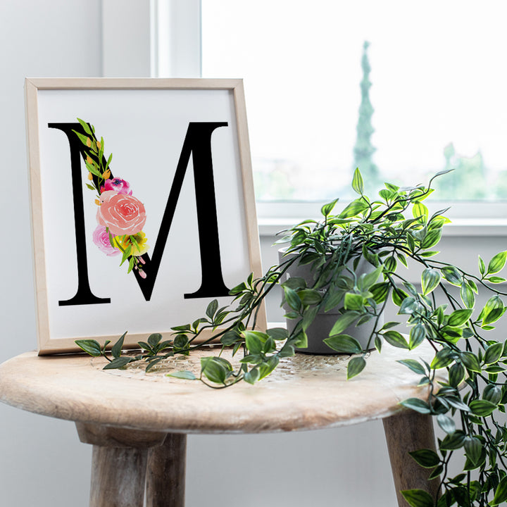 Letter M Initial Monogram Wall Decor - Floral Alphabet Art Home Decoration for Bedroom, Living Room, Bathroom, Office - Personalized Monogrammed Gift for Women, Girls, Teens - Pink Roses Sign