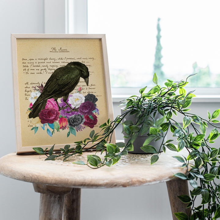 Edgar Allan Poe Gifts - The Raven - Gothic Living Room Decor - Medieval Decor - Wicca, Wiccan, Witchcraft, Occult - Goth Wall Art - Creepy Poster for Bedroom - Crow, Black Roses, Flowers Picture