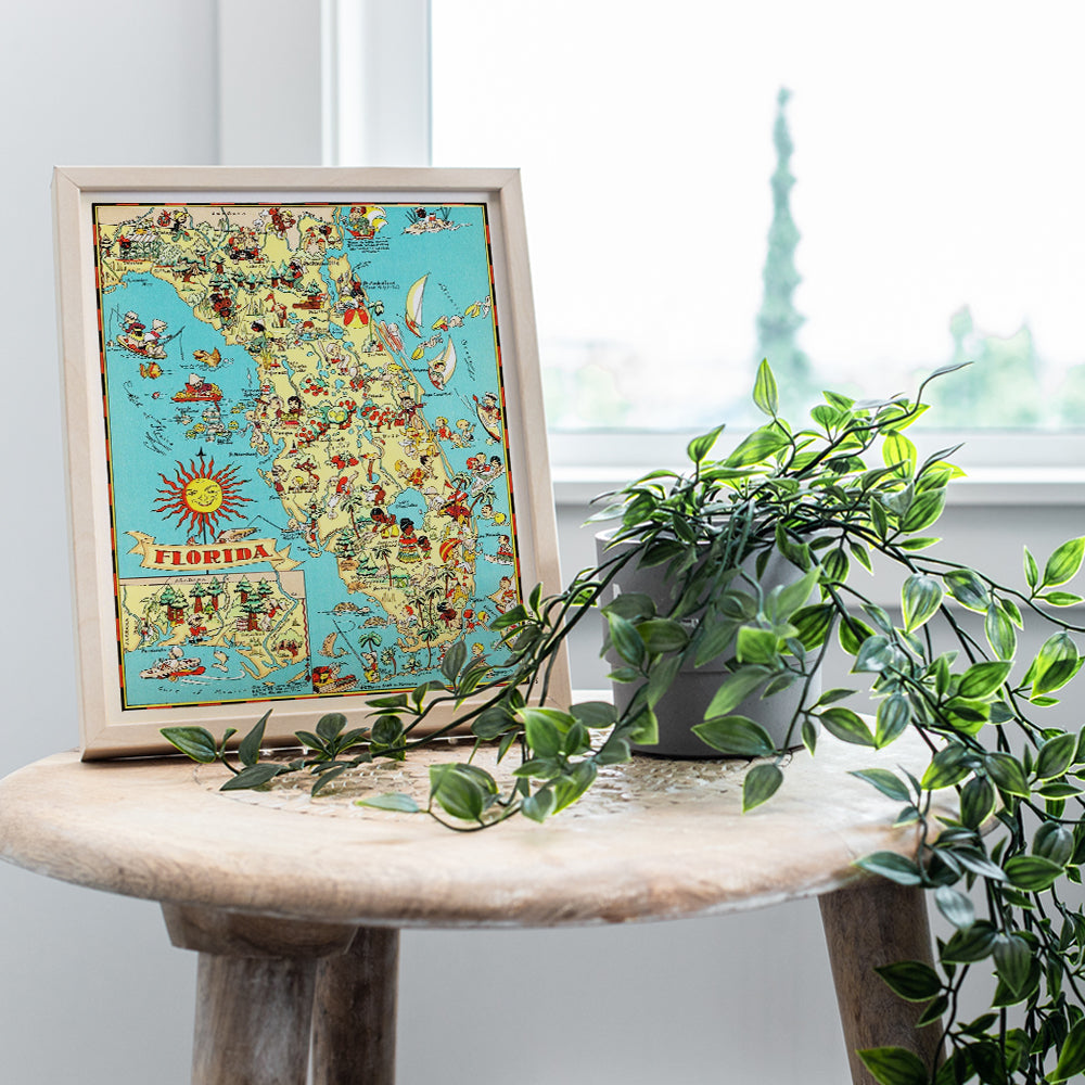 Map of Florida - Florida Tourism Tourist Map - 8x10 Sunshine State Travel Poster Postcard Wall Art Print - Unique Gift for Floridians - Vintage Retro Home Decor Picture - FL Beach House, Office