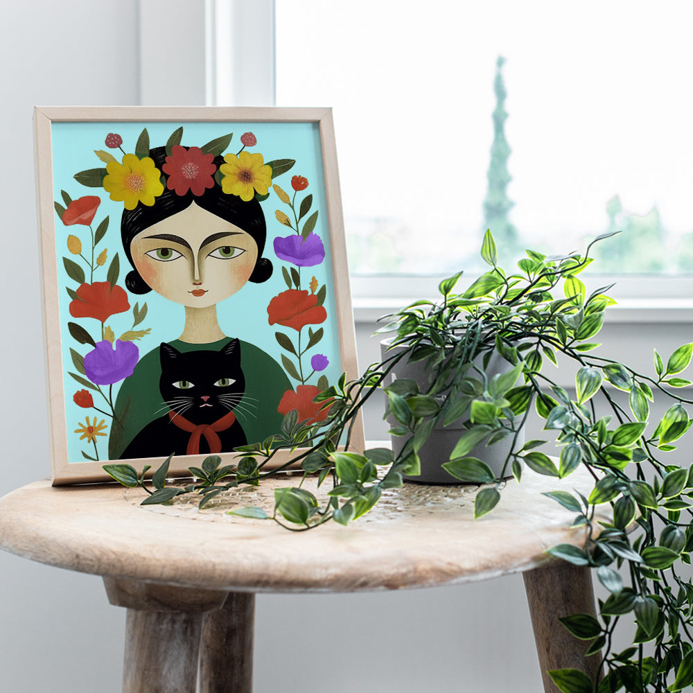 Cat Decor Frida Mexican Decor - Frida Poster 8x10 - Black cat Wall Art - Mexican Folk Art - Cute Cat Wall Decor - Mexicans Art - Cat Gifts for Women - Cat Mom, Cat Themed Gifts - Cat Lover Gifts