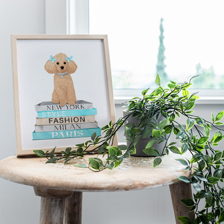 Fashion Dog Wall Art & Decor - Blue Designer Wall Decor - Fashion design Living room Girls Bedroom Decor - Cute Dog Lover Gift Puppy Dog Poodle decoration - Haute couture Fashionista Wall Art Poster