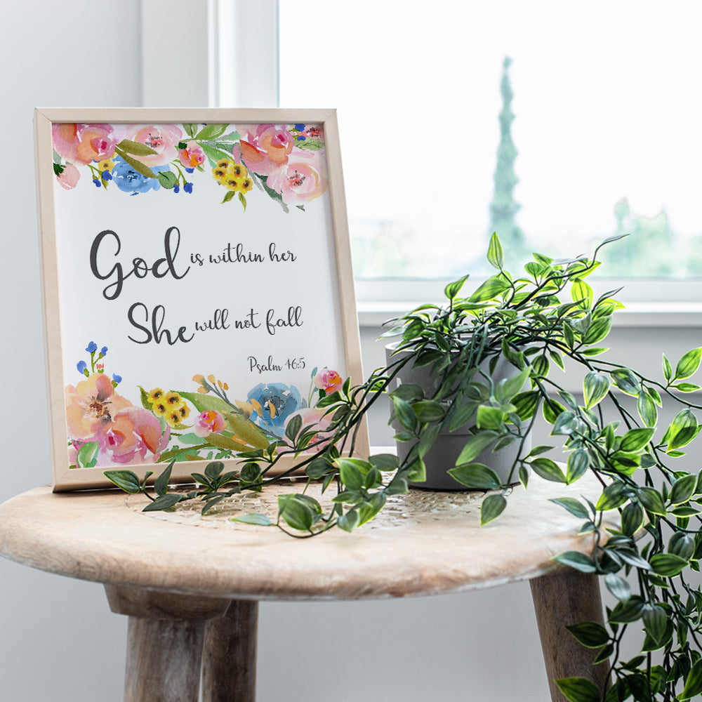 Psalm 46 - God is Within Her She Will Not Fall - Positive Quotes Wall Decor - Motivational Posters - Inspirational Christian Wall Art - Bible Verse Scripture Decor - Gift for Religious Women, Girls