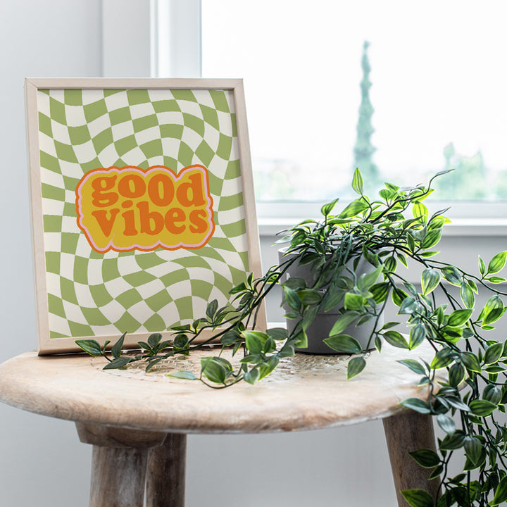 Good Vibes Motivational Wall Art - Vintage Retro Boho Wall Decor - 70s Inspirational Poster - Chic Funky positive Quotes - Eclectic Groovy Hippie Home Decor - Cute Preppy Trendy Aesthetic Room Decor