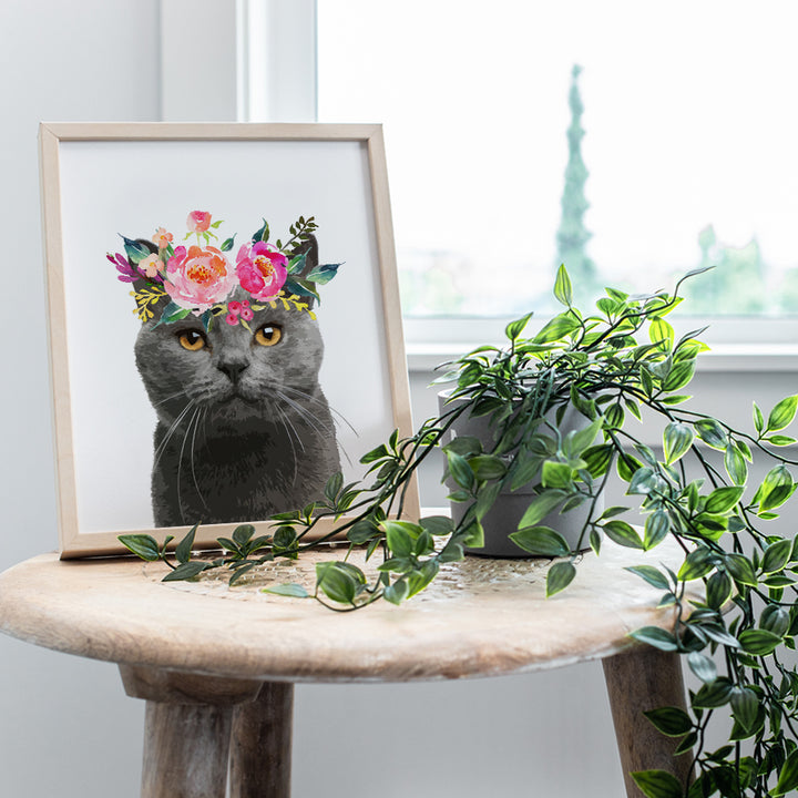 Gray Cat Wall Decor - Cat Lover Gifts for Women - Adorable Floral Kitten, Kitty Wall Art Poster - Cute Girly Room Decoration for Girls Bedroom, Kids Room, Living Room, Baby Nursery - Grey Cat