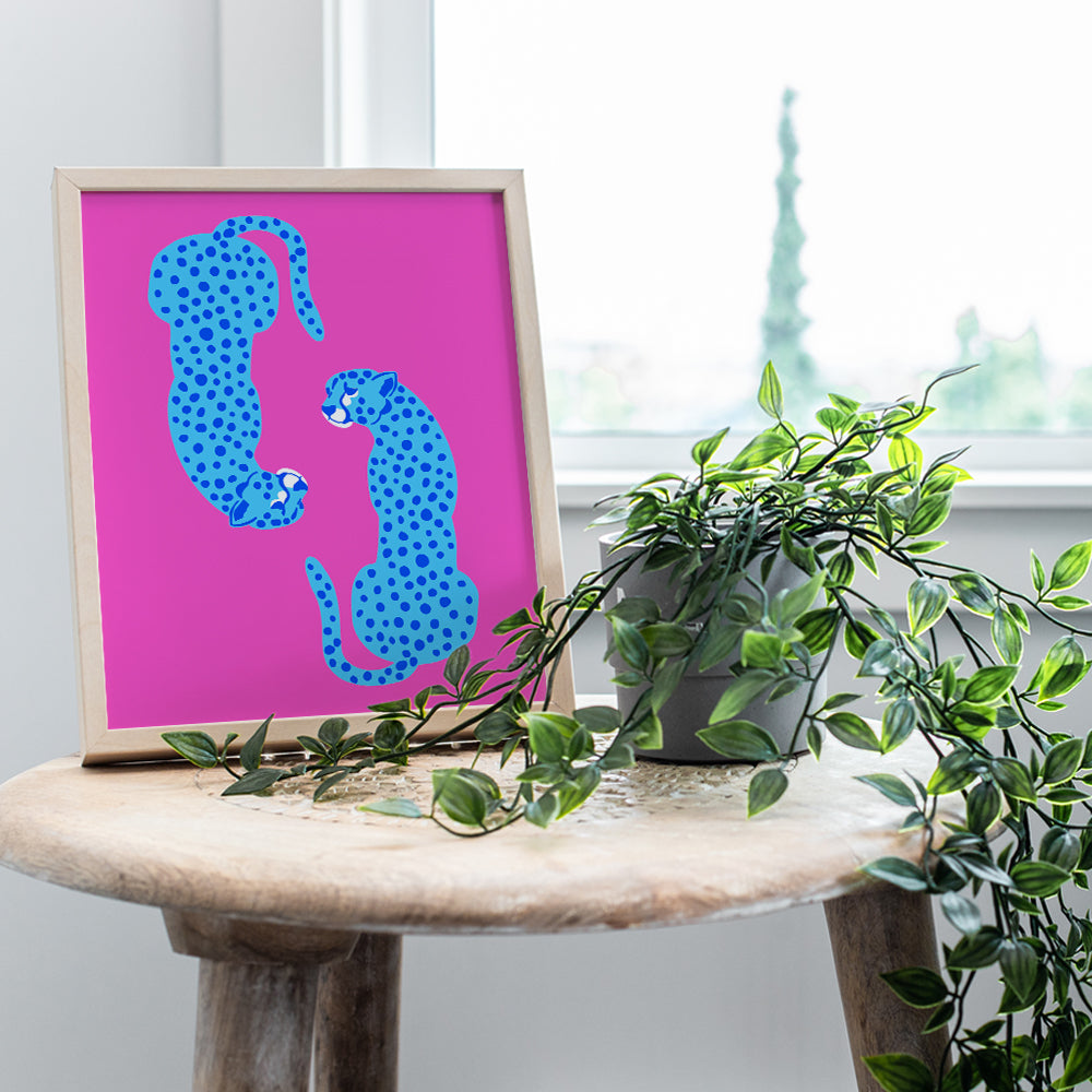 Mid-century Modern Aesthetic Cheetah print Wall Art - Minimalist Wall Art - Pink Blue Indie Preppy Room Decor Poster - Living room Bedroom Decor for Women Woman - Leopard Wall Art & Decor - UNFRAMED