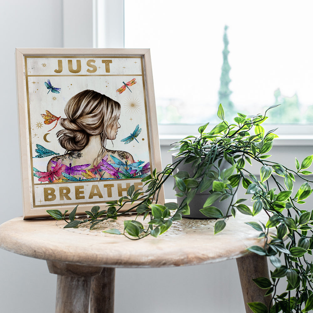 Just Breathe Boho Wall Art for Women - Shabby chic Inspirational quote Wall Decor - Home Office Living room Bedroom Kitchen Farmhouse Style Boho-chic Wall Decor - Motivational poster - positive Quotes