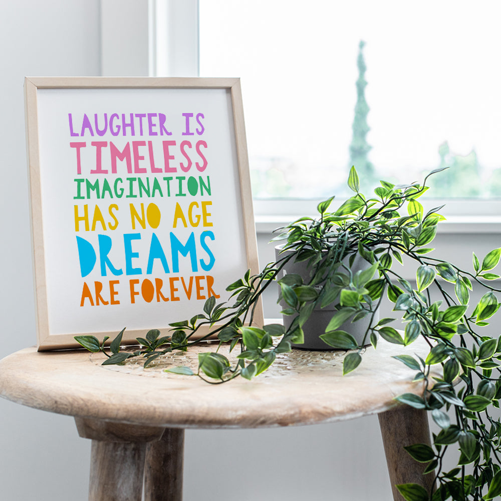 Inspirational Positive Quotes Wall Art & Decor - Laughter is Timeless Imagination Has No Age - Uplifting Gifts for Women, Nursery, Girls, Boys Bedroom - Inspiring Sayings