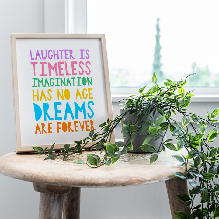 Inspirational Positive Quotes Wall Art & Decor - Laughter is Timeless Imagination Has No Age - Uplifting Gifts for Women, Nursery, Girls, Boys Bedroom - Inspiring Sayings