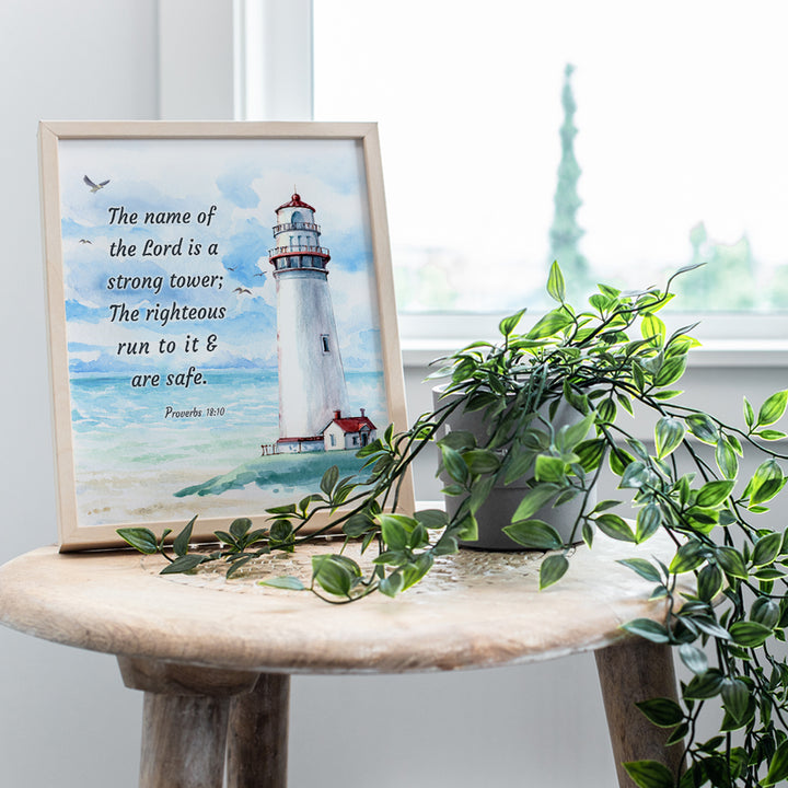 Nautical Lighthouse Religious Wall Art - Christian Scripture Bible Verse Gift - Ocean Home Decoration, Bathroom Decor - Print for Seaside Beach House, Restroom, Living Room, Bedroom - Blue Proverbs