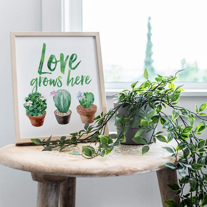 Love Grows Here Sign - Cactus Wall Art - Desert Decor - Cactus Wall Decor - Boho Decor for Bedroom, Living Room, Office, Bathroom - Saguaro Cactus Decor - Sonoran Desert Wall Art - Cactus Blossom