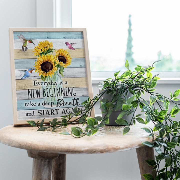 Inspirational Wall Art & Decor - New Beginnings Hummingbirds Sunflowers Rustic Boho Family Wall Art - Inspiration Saying Quotation - Positive Quotes Wall Decor - Encouragement Gifts for Women Woman