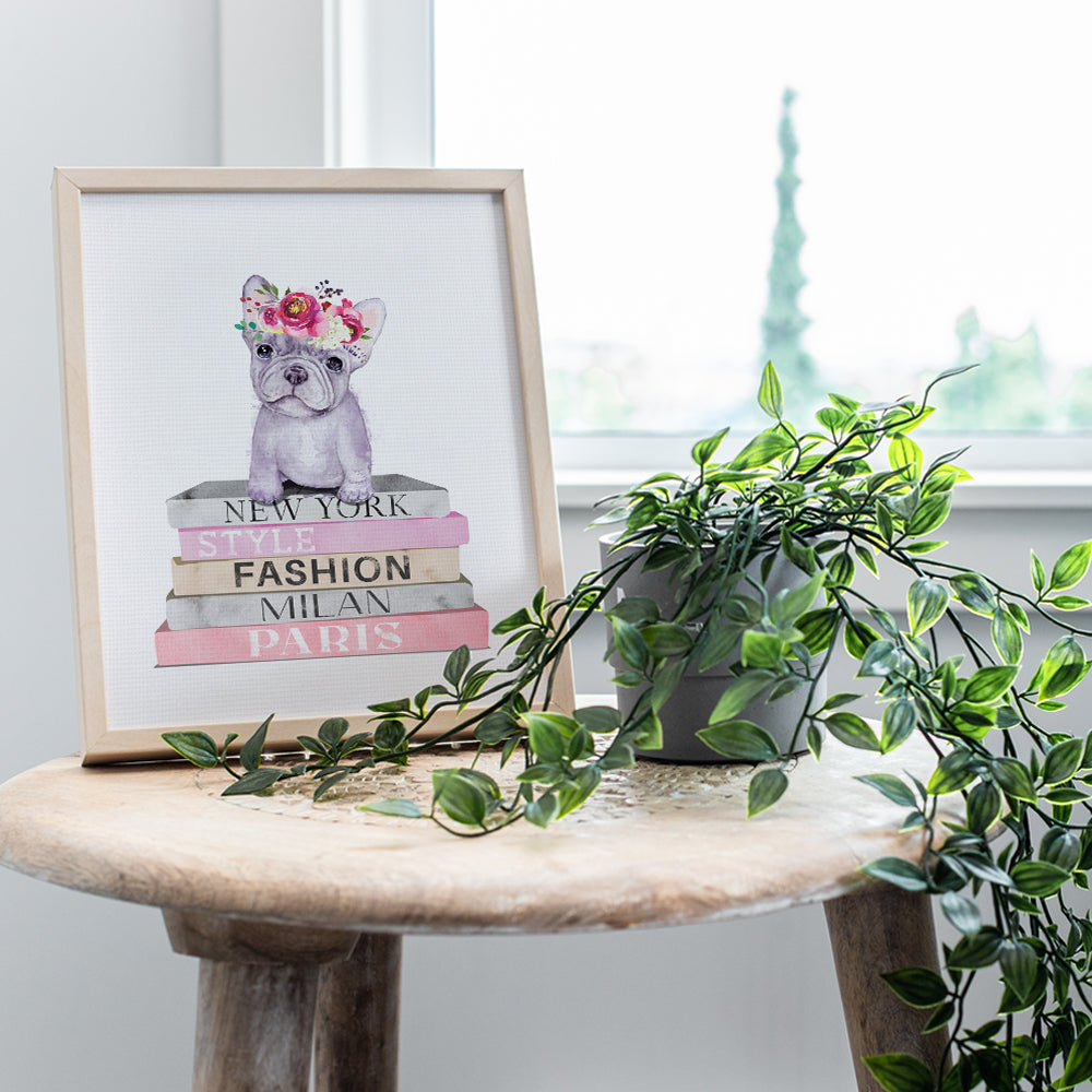 Toddler Little Girls Bedroom Decor - Puppy Dog Fashionista Fashion Design Bling Designer Wall Art - Boston Terrier French Bulldog Pink Girls Room Living room Wall Decor for Women Nursery Office - 8x10