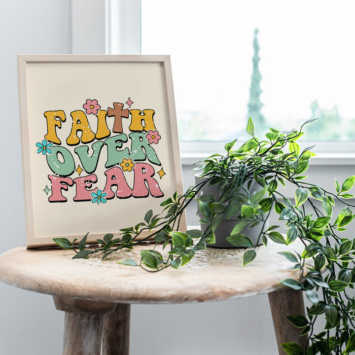 Faith Over Fear Inspirational quote Wall Decor - God Poster - Retro Style Motivational Wall Art - Bible Verse Christian Gifts for Women, Girls Bedroom - spiritual positive Sayings Religious Wall Decor