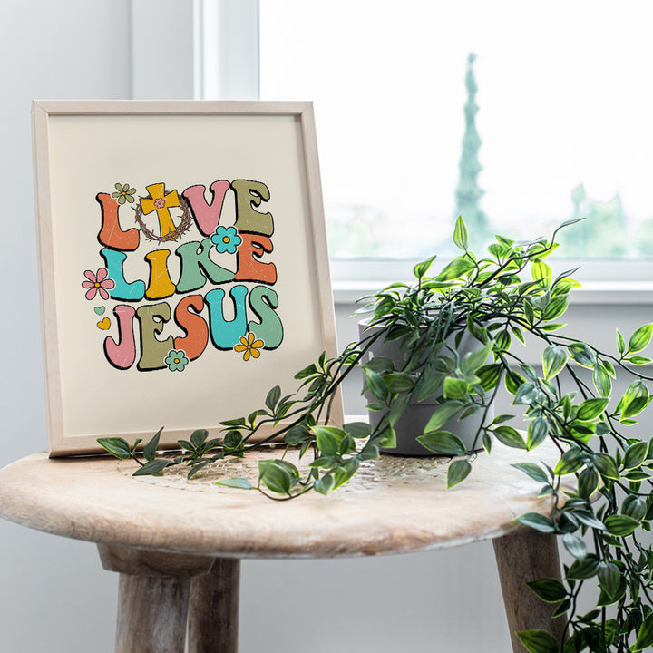 70s Retro Christian Wall Decor - Love Like Jesus Wall Art for Women - Vintage Hippie Flower Power Motivational poster - Bible Verse spiritual Gifts - Faith, Gratitude, Boho Home Decor for Women, Girls