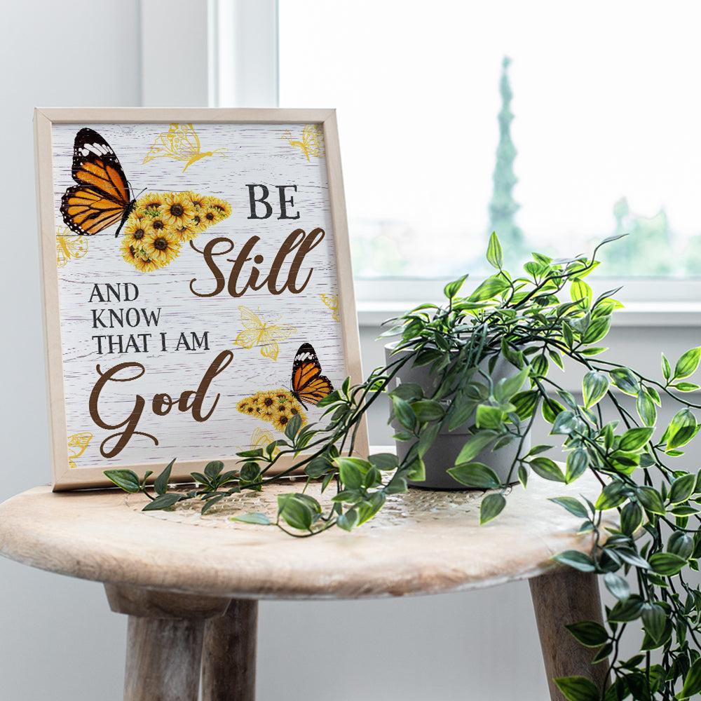 Be Still And Know That I Am God - Psalm 46 - Religious Scripture Bible Verse Wall Decor Sign - Christian Gifts for Women - Inspirational Country Farmhouse Rustic Sunflower - Boho Butterfly Wall Art