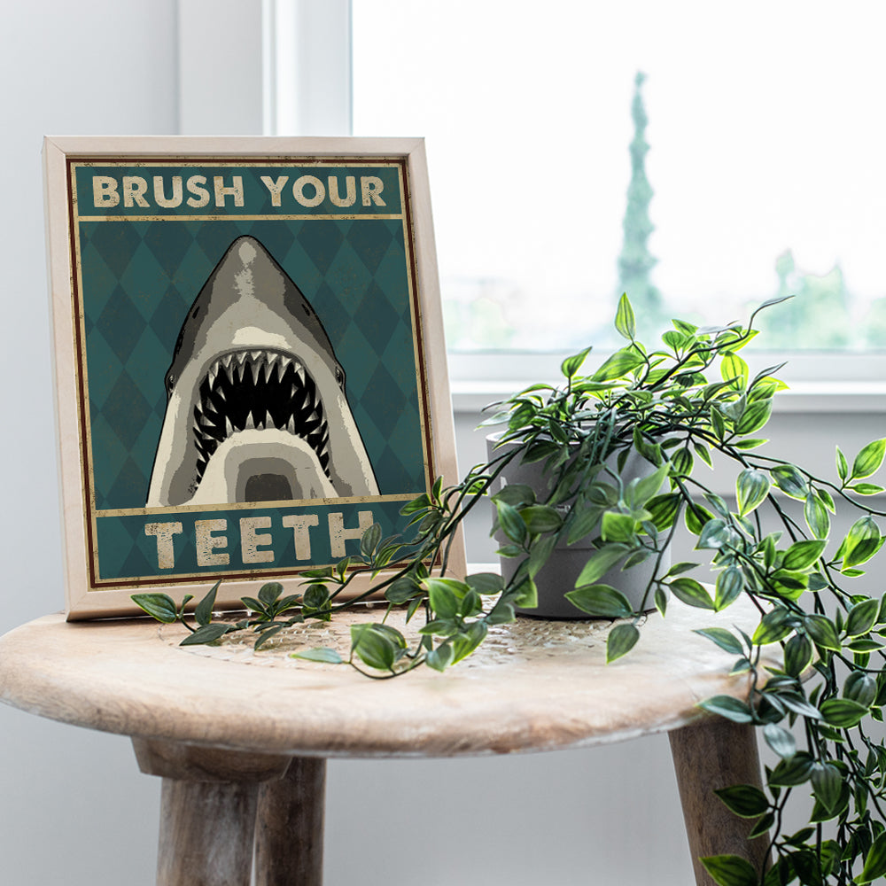 Boys Bathroom Wall Art & Decor - Brush Your Teeth Kids Bathroom Decor - Beach Bathroom Decor - Funny Shark Bathroom Decor - Bath Wall Decor - Unique Restroom Sign - Bathroom Pictures Poster Prints