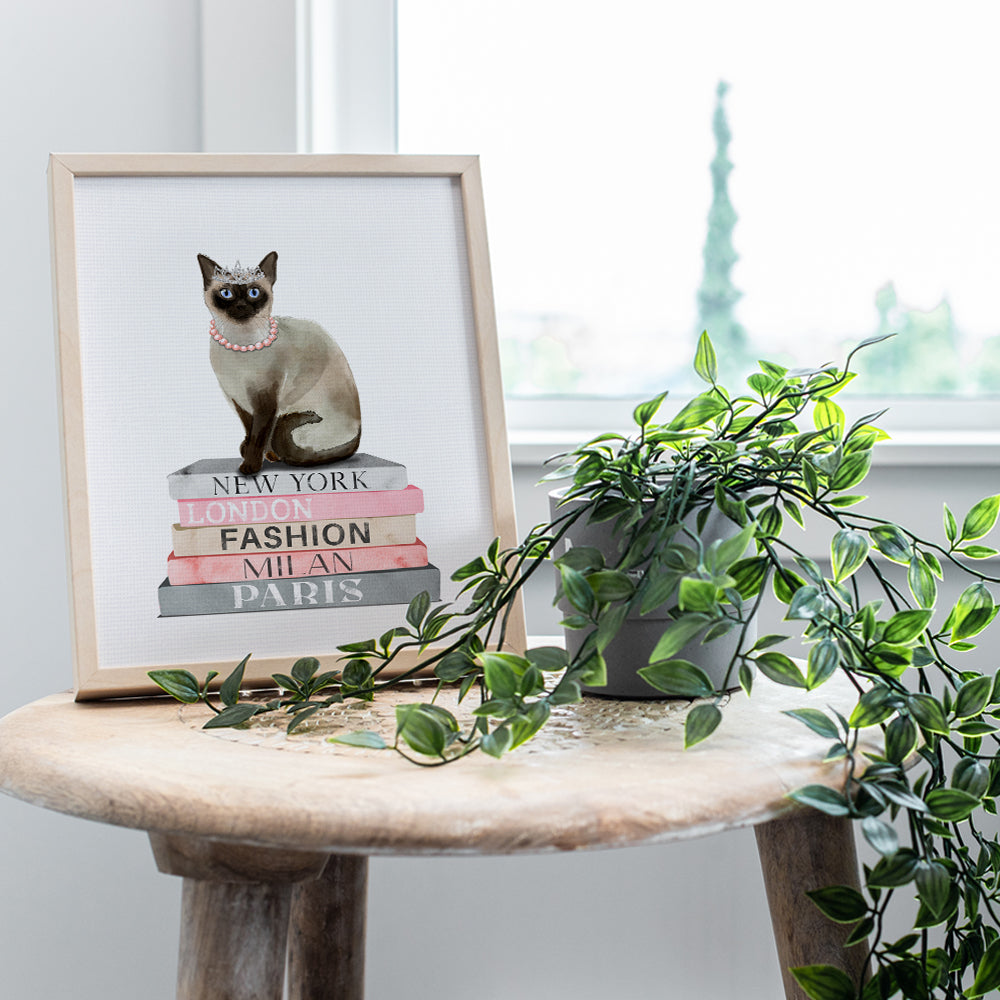 Fashion Design Cat Wall Decor - Poster of Book - Glam Siamese cat Wall Decor for Living room, Bedroom - Glamour Couture Cute Cat Gift for Woman, Girl - Designer Wall decoration