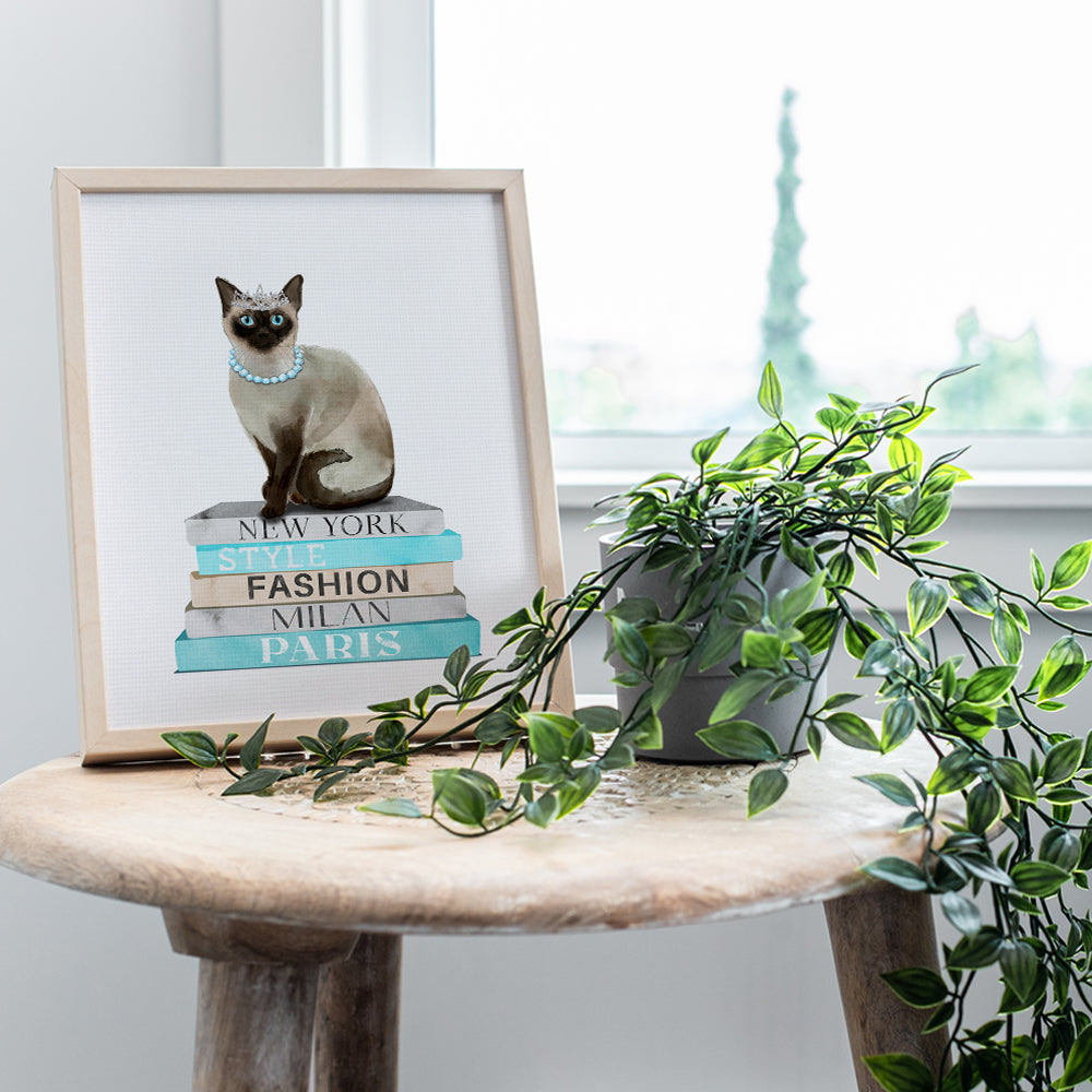 Blue Cat Wall Art & Decor - Poster of Glamour Haute couture Books - Glam Siamese cat Wall Decor for Living room, Bedroom - Cute Fashion Design Cat Gifts for Women, Girls - Designer Wall decoration