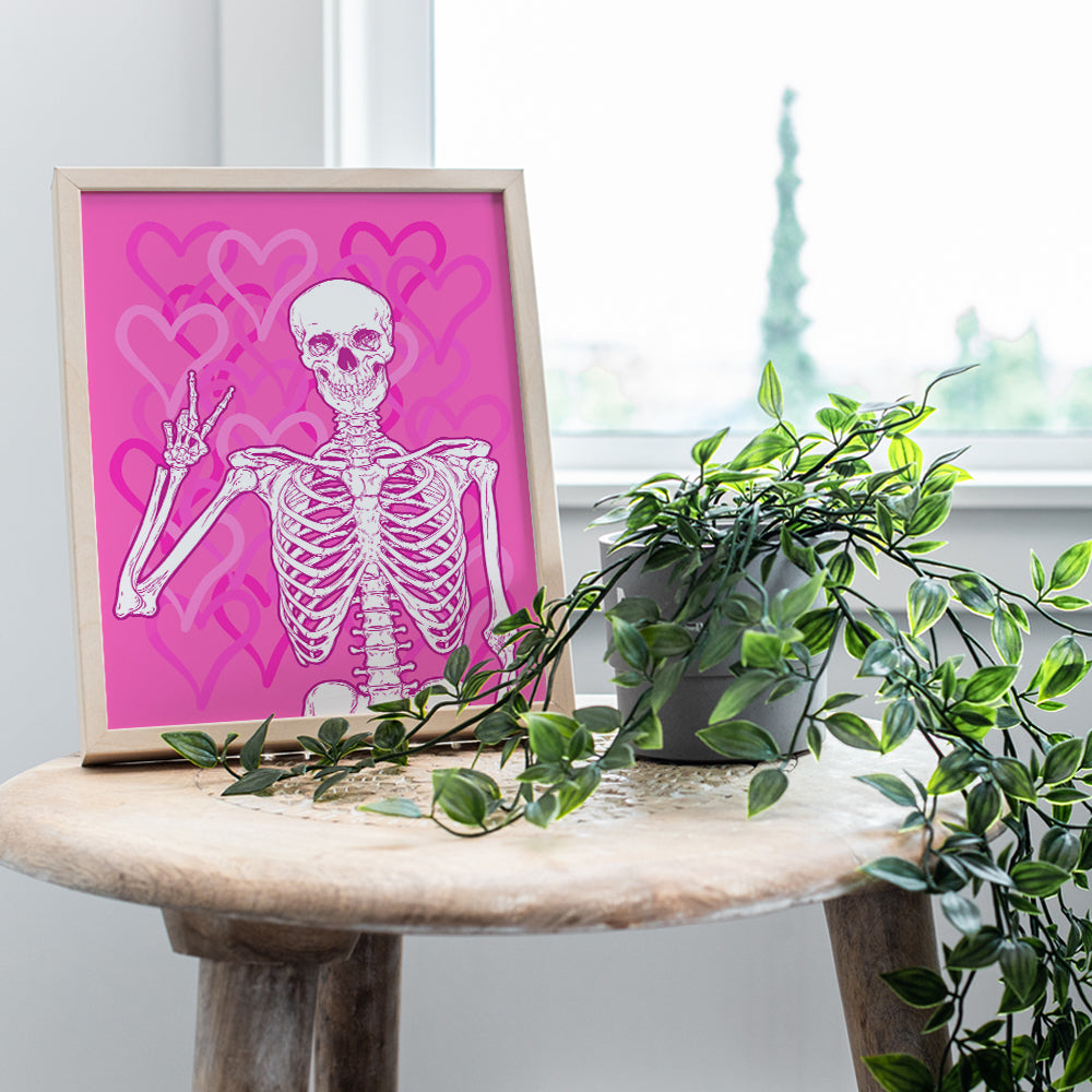 Cute Skeleton Wall Art - Preppy Room Decor Aesthetic - VSCO Pop art Room Decor - Pink Hearts Trendy Room Decor - Yellowbird Art & Design - Dorm Room Girls Bedroom peace sign Decor - Halloween Poster