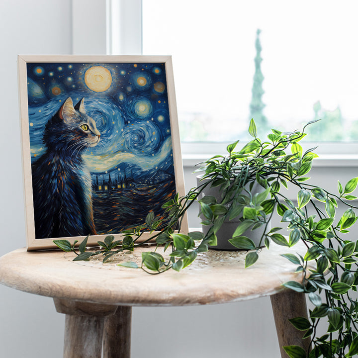 Black cat van Gogh Wall Art - Vincent van Gogh Starry Night - Cute Cat Wall Decor for Cat Mom - Cat Themed Gifts for Women - Cat Decor - Cat Stuff Cat Lover Gifts Cat Room Decor - van Gogh Poster