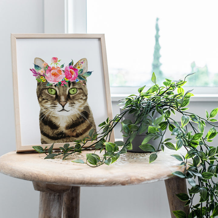 Tabby Cat Wall Art Decor - Kitten, Kitty, Cat Lover Gifts for Women - Cute Floral Wall Art Poster - Adorable Room Decoration for Girls Bedroom, Kids Room, Living Room, Baby Nursery