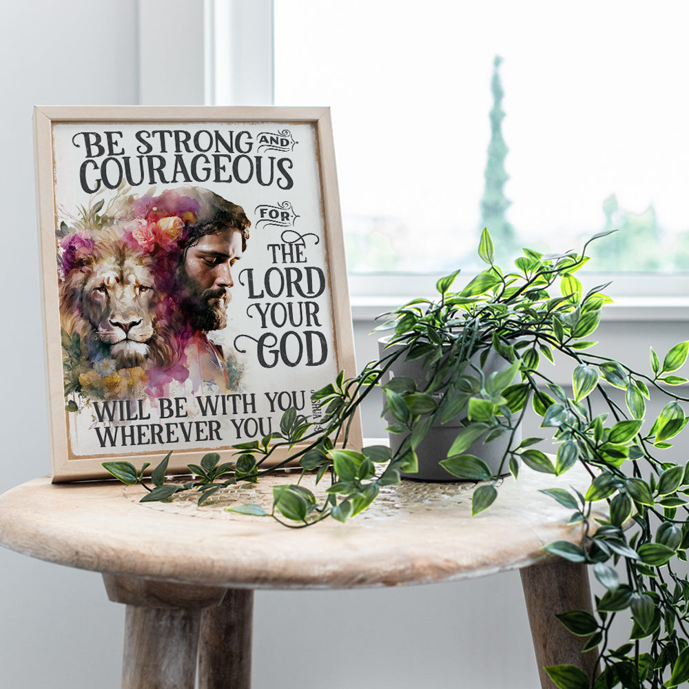 Christian Art Wall Decor for Men - Bible Scripture Gifts for Women, Man cave, Dining, Living Room, Kitchen - Be Strong and Courageous Wall Art - Lion Jesus Poster - Prayer, Psalm, Verse - Rustic Decor