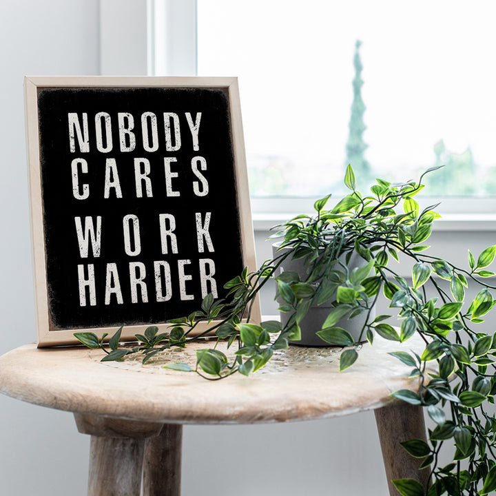 Rustic Masculine Office Wall Decor - Motivational poster for Men - Home Gym Decor funny Sayings - Inspirational Wall Decor - Encouraging Wall Decor - Hustle Wall Art - Nobody Cares Work Harder 8x10