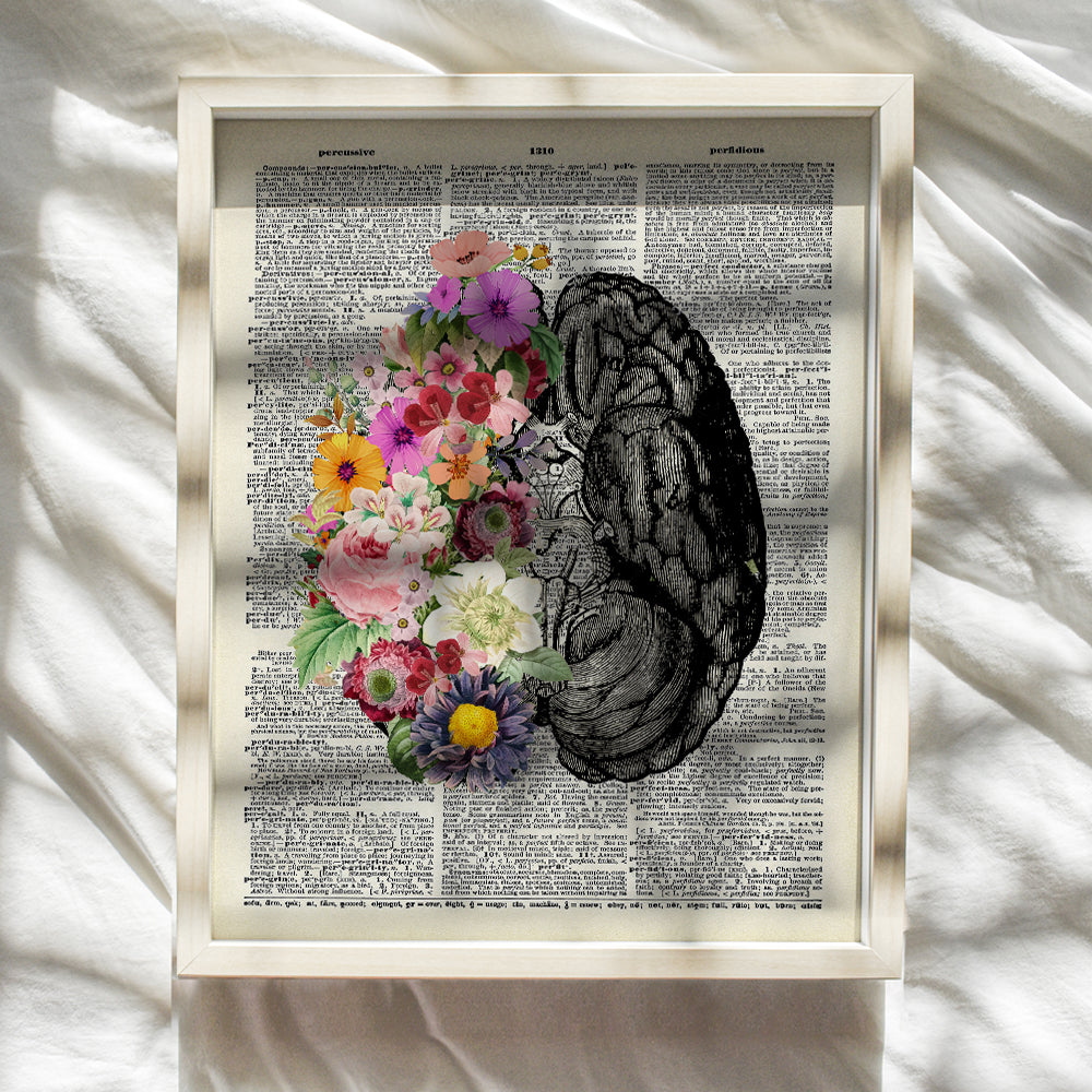 Vintage Flower Brain Dictionary Art - Human Anatomy Poster Home Decor - Shabby-chic Wall Art for Living Room, Bathroom, Womens Bedroom - Aesthetic Eclectic Indie Trendy Room Decor - UNFRAMED