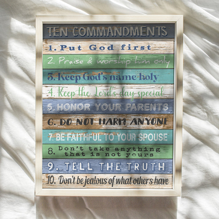 Ten Commandments Wall Decor - 10 Commandments Wall Art - Rustic Boho Religious Scripture Bible Study Plaque - 8x10 Inspirational Posters - Christian Gifts for Women, Men, Home Office - Unframed Print