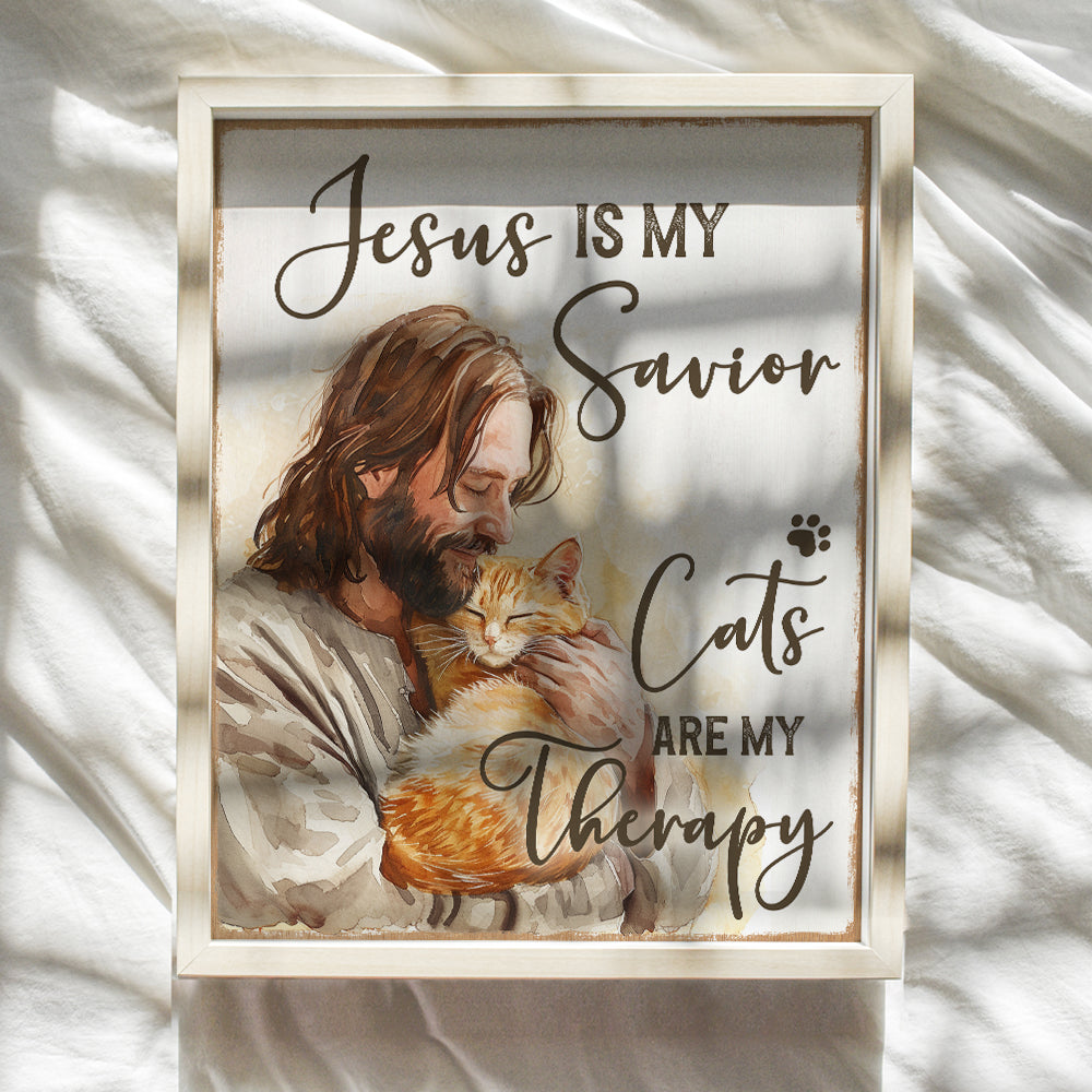 Jesus Christ Cat Wall Art & Decor - Cat Lover Cute Cat Christian Wall Decor - Christian Gifts for Girls, Cat Mom, Cat Dad - Religious Farmhouse Style spiritual Home Decor - Rustic funny Quotes Decor