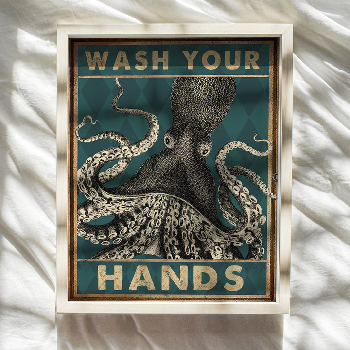 nautical Bathroom Wall Art - Beach Coastal Octopus Bathroom Decor - Wash Your Hands Sign - Funny Bathroom Decorations - Small Bathroom Wall Decor - Cute Restroom Pictures - Powder Room Poster