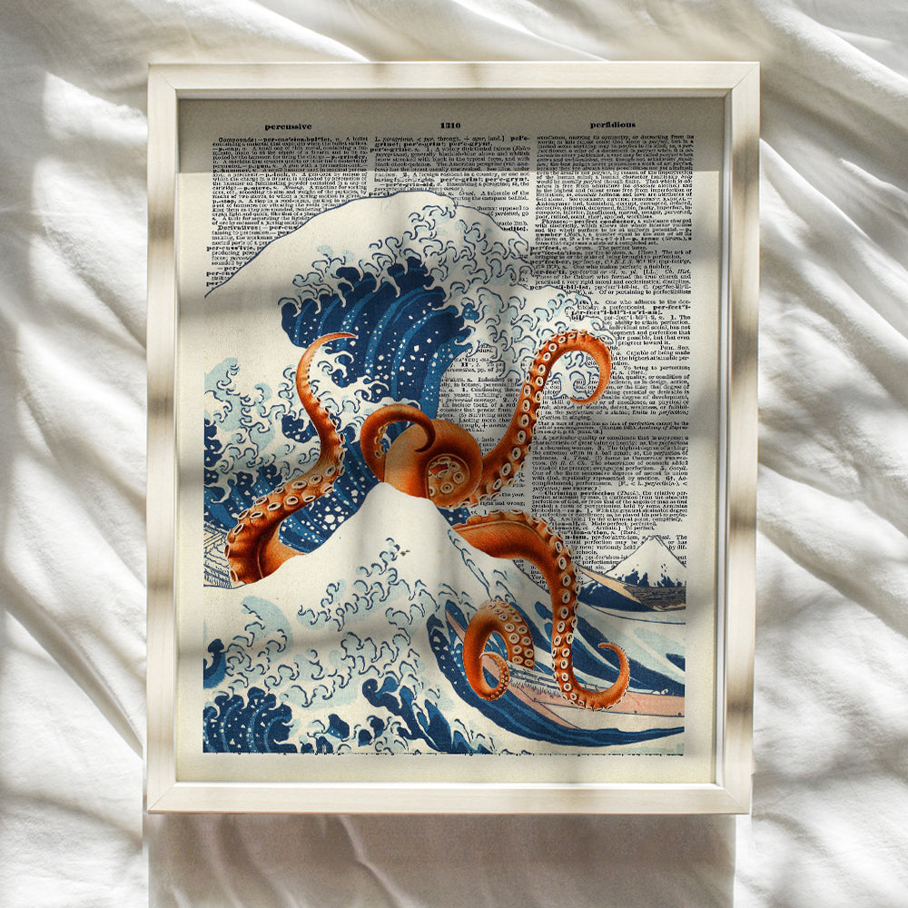 Kanagawa Wave Octopus Wall Art - Retro Ocean Themed Home Decoration for Office, Apartment, Beach house, Living Room, Bedroom - Japanese Art - Eclectic Trendy Goth Wall Decor, Coastal Beach Theme