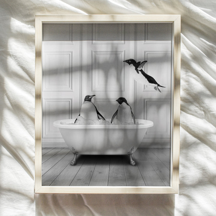 Cute Penguin Bathroom Wall Art - Funny Black Bathroom Decor - Unique Bathroom Wall Decor - Guest Bathroom Art - Powder room Wall Art - Bath Wall Decorations - Bathroom Signs - Unframed