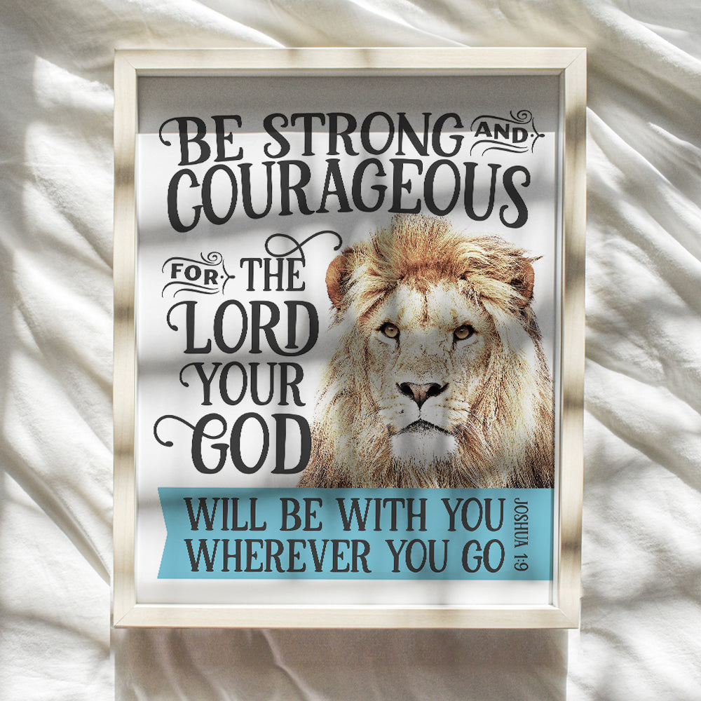 Bible Verse Christian Wall Decor - Lion Scripture Decor - Motivational, Sayings, Inspirational Quotes - Religious Art - Christian Wall Art for Men, Boys Bedroom, Teen Room - Joshua 1 9 God Decor