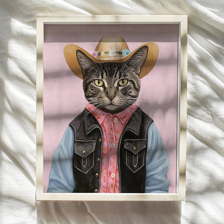 Pink Cowgirl Cat Decor - Cute Cat Western Decor - Cat Themed Farmhouse Style Rustic Wall Art for Girls, Cat Mom - Country Home Decor - Tabby cat Wall Decor, Cat Poster - Cat Lover Gifts for Women