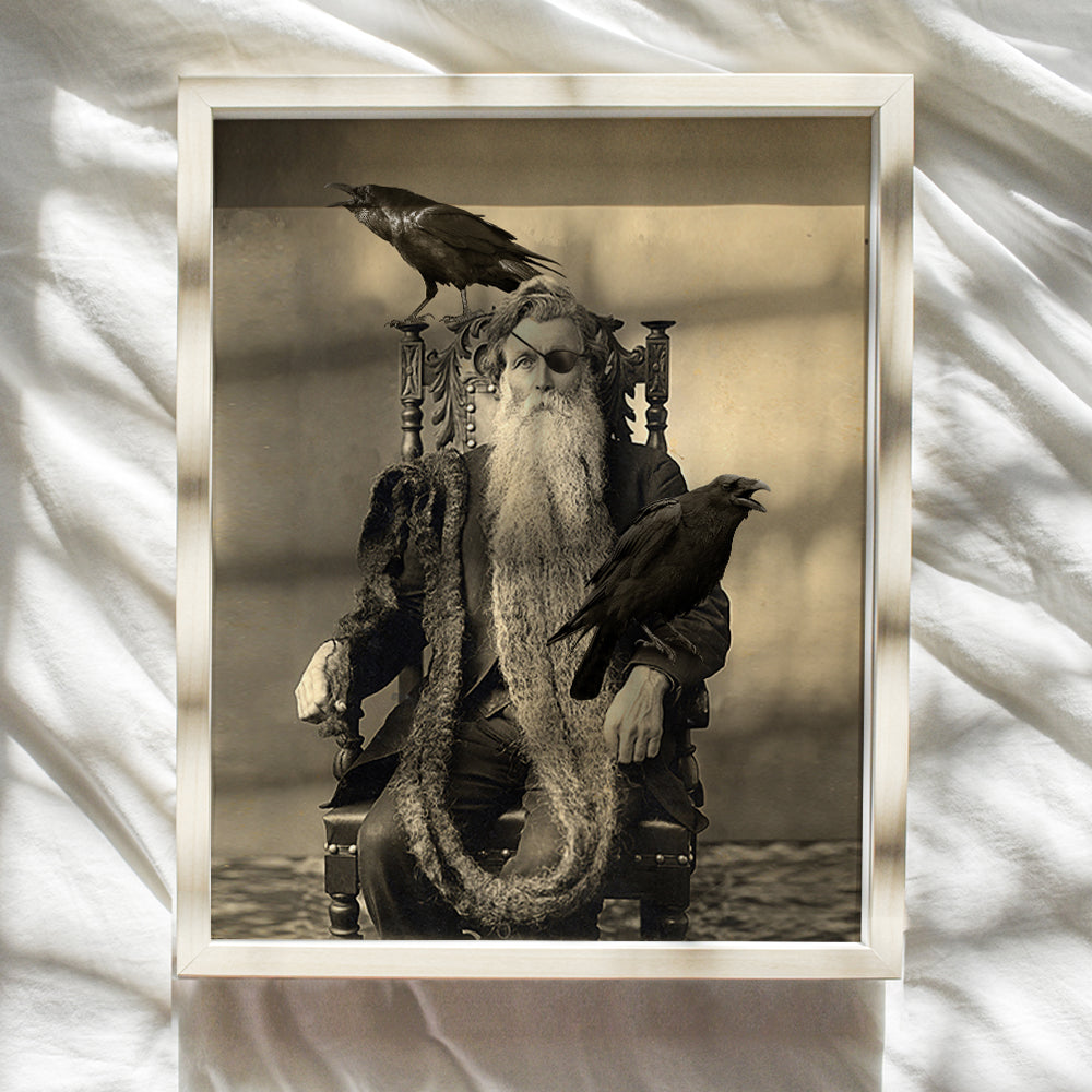 Odin Raven Art - Norse Mythology Gothic Home Decor - Creepy Scary Vintage Photo for Halloween Decorations - Wicca Pagan Gifts - Medieval Renaissance Magic Occult Witch Wall Art Decor